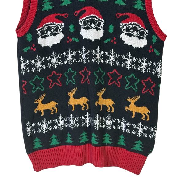Ugly Christmas Sweater Vest Mens L Black Red Reindeer Santa Knit Holiday Retro - Picture 3 of 7